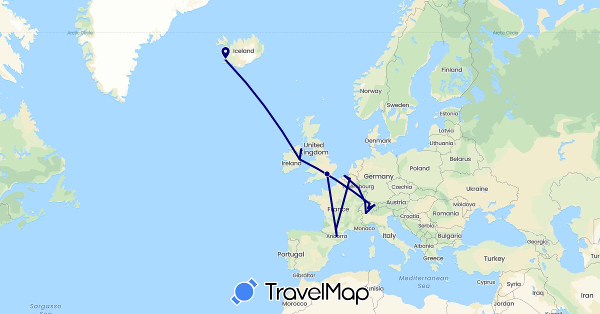 TravelMap itinerary: driving in Andorra, Belgium, Switzerland, France, United Kingdom, Ireland, Iceland, Liechtenstein, Luxembourg (Europe)